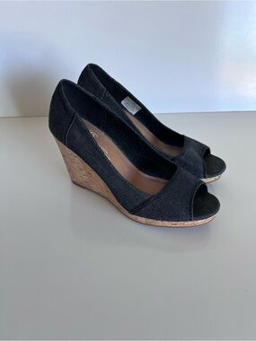 Toms Women's Stella Peep-Toe Cork Wedges Black Denim
